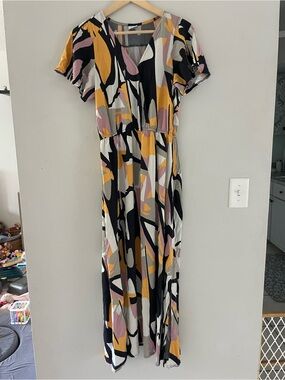 Lascana Abstract Print Maxi Dress - Black, Mustard White & Pink